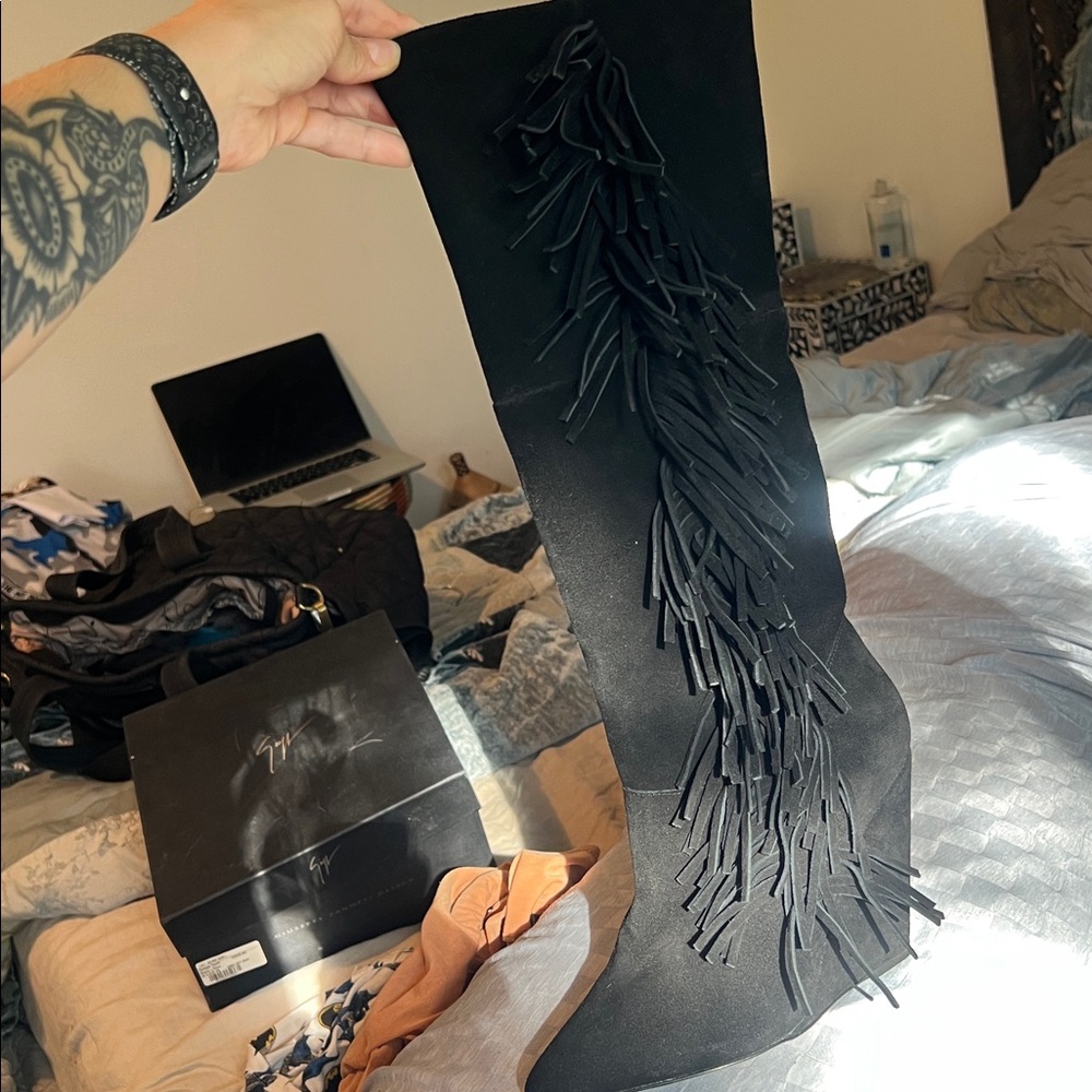 Betsey Johnson Boho zohara knee high fringe wedge boot 8